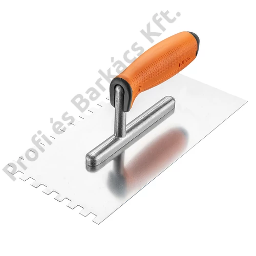 Acél simító, fogazott, rozsdamentes, 270x128mm, 8x8x8mm, kétkomponensű markolat